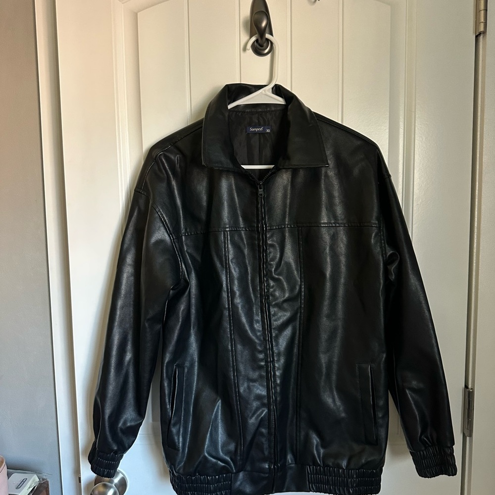 Women's Faux Leather Bomber Jacket Black XS Oversized 90s Retro Moto